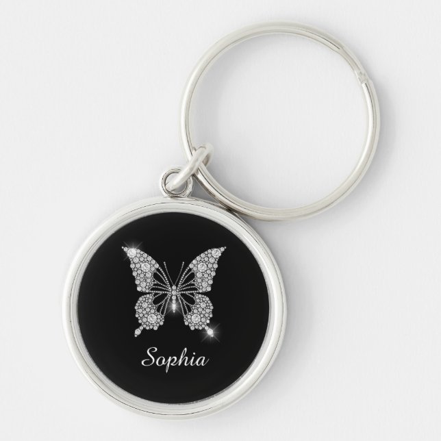 Porte-clés White Diamond Butterfly, DIY Script Nom, Black (Devant)