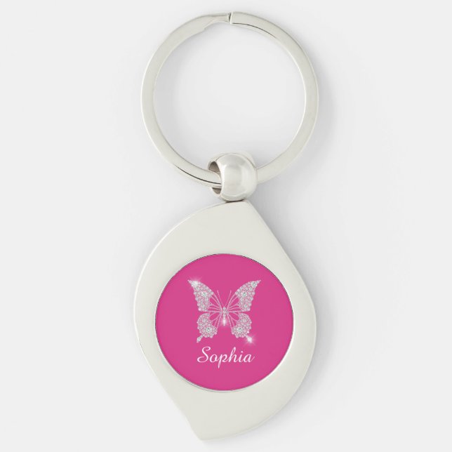 Porte-clés White Diamond Butterfly, Script Name, Fuchsia (Devant)
