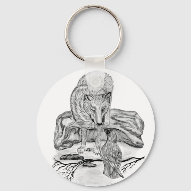 Porte-clés Wolf and Raven black and white design (Recto)