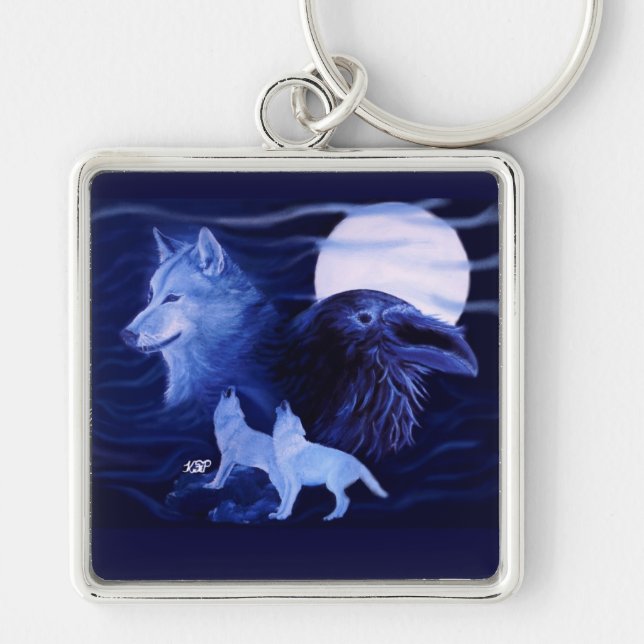 Porte-clés Wolf and Raven with full moon (Devant)