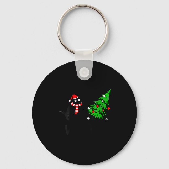 Porte-clés Womens Funny Black Cat Gift Pushing Christmas Tree (Recto)