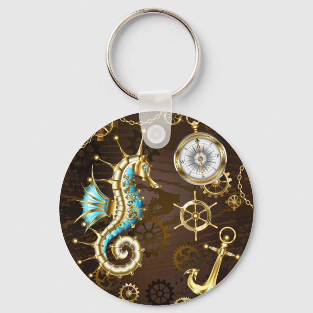 Porte-clés Wooden Background with Mechanical Seahorse (Recto)