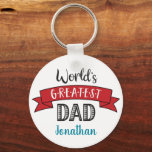 Porte-clés World’s Greatest Dad Bold Modern Typography Red<br><div class="desc">“World’s Greatest Dad.” Let Dad know what you really think of him. Cool, modern black, aqua blue, and white typography and a red banner overlay a white background. Customize with his name for the perfect, personalized keepsake keychain he’ll use every day. This keychain comes in small and large sizes, as...</div>