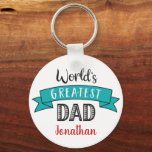 Porte-clés World’s Greatest Dad Modern Typography Turquoise<br><div class="desc">“World’s Greatest Dad.” Let Dad know what you really think of him. Cool, modern black, red, and white typography and an aqua blue banner overlay a white background. Customize with his name for the perfect, personalized keepsake keychain he’ll use every day. This keychain comes in small and large sizes, as...</div>