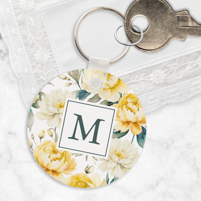 Porte-clés Yellow Watercolor Garden Flowers Monogrammed (An elegant monogrammed keychain with yellow and white peony and chrysanthemum floral design)