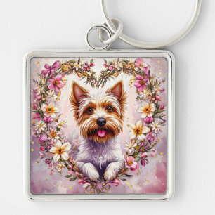 Porte-clés Yorkie Adorable Entouré de Couronne Florale