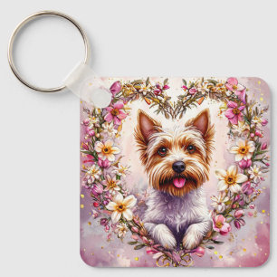 Porte-clés Yorkie adorable entouré d'une couronne florale