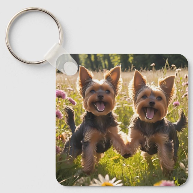Porte-clés Yorkshire Terriers Jouer dans l'herbe (Recto)