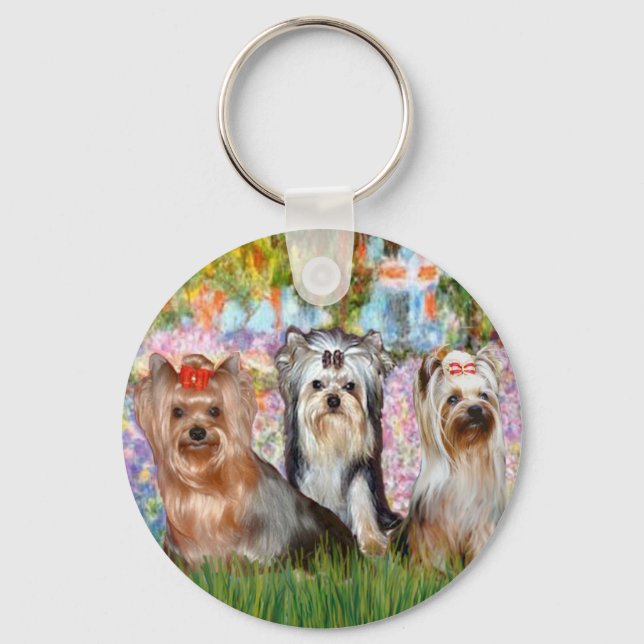 Porte-clés Yorkshire Terriers (trois) - Jardin (Recto)