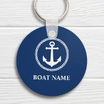 Porte-clés Your Boat Name Sea Anchor Blue<br><div class="desc">A personalized nautical themed keychain with your boat name, family name or other desired text. This unique design features a custom made vintage boat anchor with diamond circle emblem in white on a background of classic navy blue. If needed, background color can be easily customized by you to match your...</div>