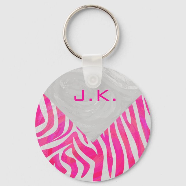Porte-clés Zebra Hot rose et blanc avec Monogramme (Recto)