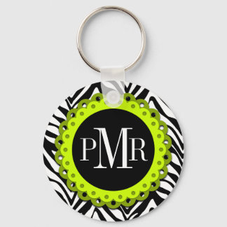 Porte-clés Zebra Print et Lime Lace Monogramme Personnalisé