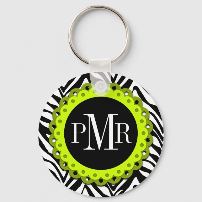 Porte-clés Zebra Print et Lime Lace Monogramme Personnalisé (Recto)