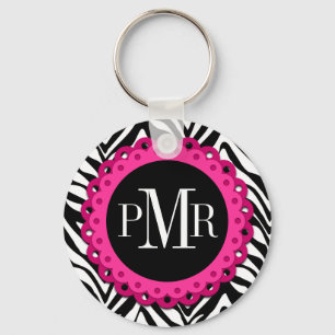 Porte-clés Zebra Print Hot Rose Lace Monogramme Personnalisé