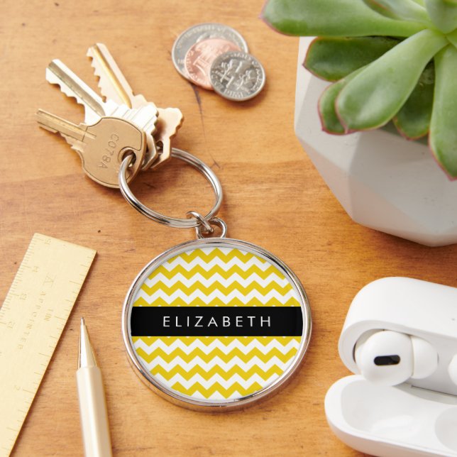 Porte-clés Zigzag Jaune, Chevron Jaune, Votre Nom (Bureau)