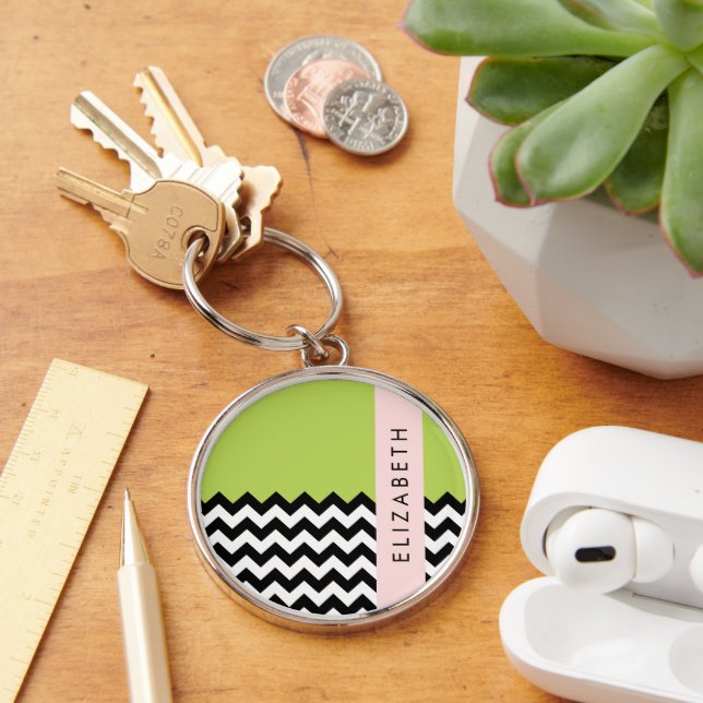 Porte-clés Zigzag noir et blanc, Chevron, Vert, Votre nom (Bureau)