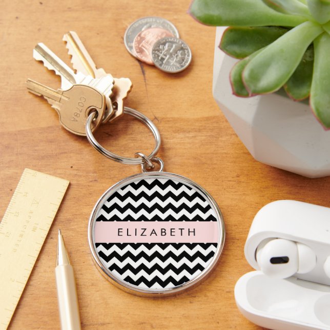 Porte-clés Zigzag noir et blanc, Motif Chevron, Votre nom (Bureau)