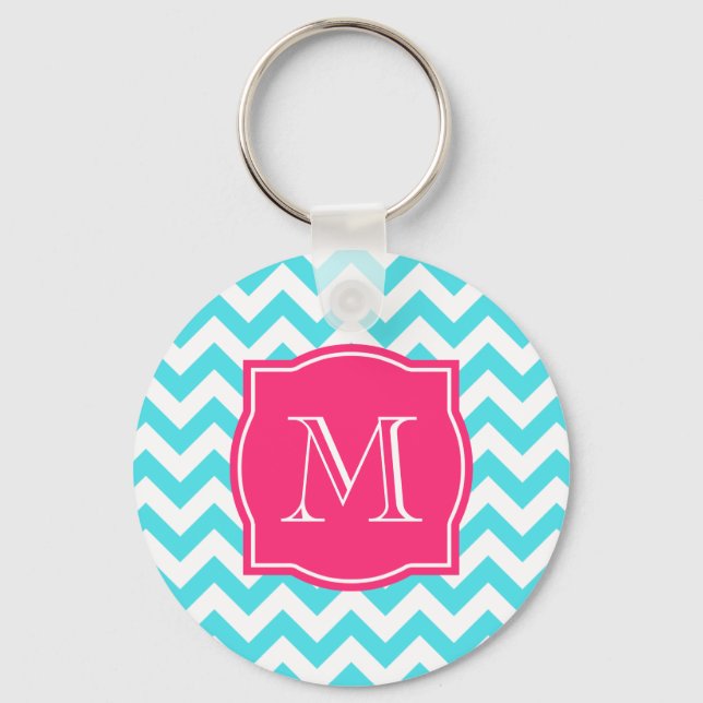 Porte-clés Zigzag Turquoise et rose Monogramme personnalisé (Recto)