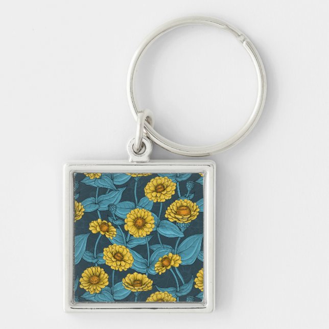 Porte-clés Zinnias jaune sur bleu foncé (Devant)