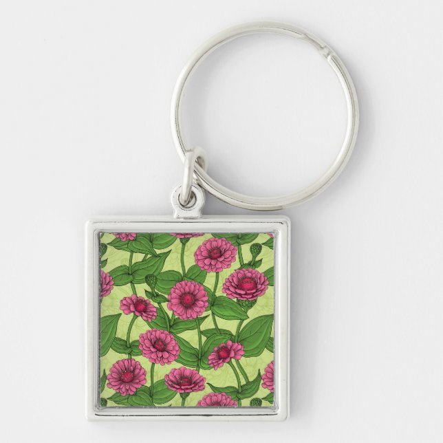 Porte-clés Zinnias rose sur vert clair (Devant)