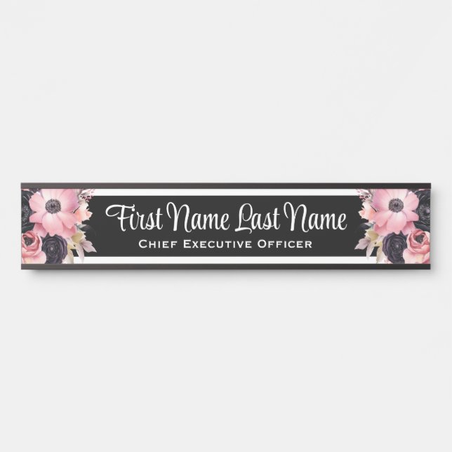 Porte de bureau rose noir floral Signes Nom Plaque (Devant)