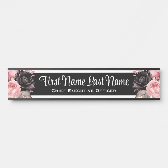 Porte de bureau rose noir floral Signes Nom Plaque (Devant)