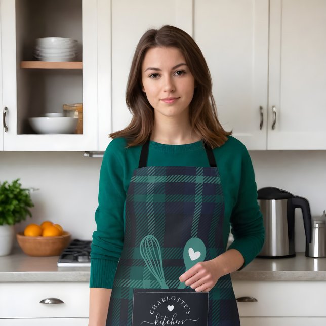 Porte de poche et tablier de tarte vert Plaid Faux (Green Tartan Plaid Faux Pocket Spoon & Whisk Apron)