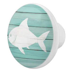 Porte En Céramique Aqua Blue Fish Faux Wood Bouton de tiroir nautique