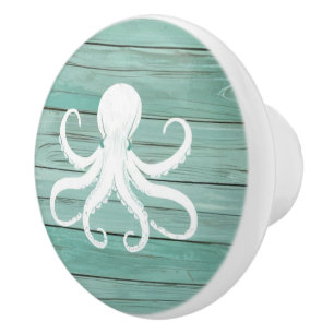 Porte En Céramique Aqua Blue Octopus Faux Wood Bouton de tiroir nauti