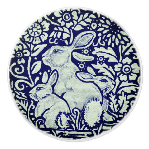 Porte En Céramique Bleu et blanc Lapin Famille Tiroir Tête Bouton De