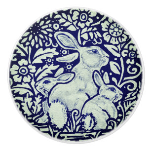 Porte En Céramique Bleu et blanc Lapin Famille Tiroir Tête Bouton De