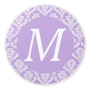 Porte En Céramique Bouton blanc de monogramme de damassé de lavande
