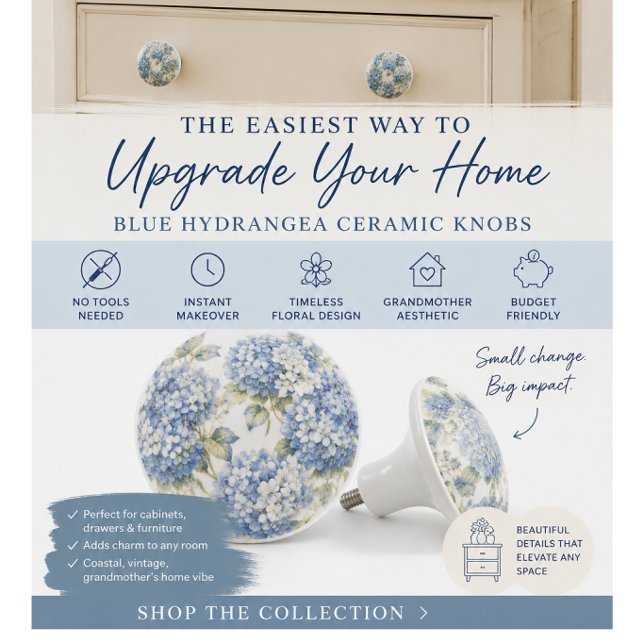 Porte En Céramique Bouton de meuble floral Hydrangea Bleu (Easy cabinet upgrade with elegant blue hydrangea knobs for timeless coastal home style)