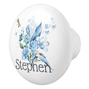 Porte En Céramique Bouton de tiroir Nom Gris Bouquet Bleu Libellule E