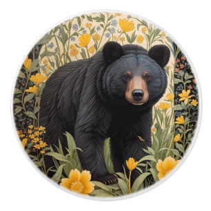 Porte En Céramique Ours noir et fleurs de bouton d'or jaune