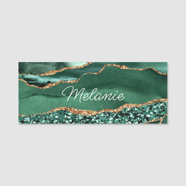 Porte-nom Agate Green Gold Parties scintillant Geode Marbre  (Devant)