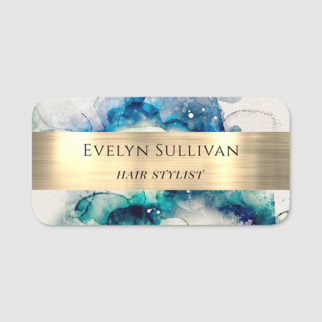 Porte-nom Aquarelle Turquoise bleue et huile d'or (Devant)