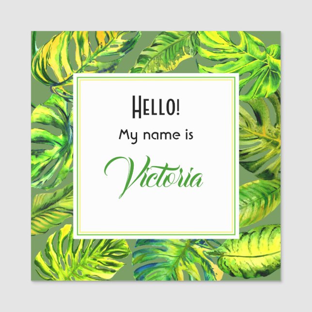 Porte-nom Aquarelle Vert clair Palm Feuille Grand Carré (Devant)