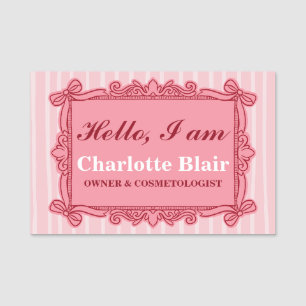 Porte-nom Arc en ruban orné rose style vintage Cadre Bonjour