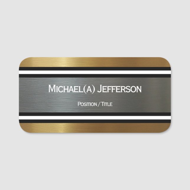 Porte-nom Argent et or de luxe brossé : noir blanc rayé (Devant)