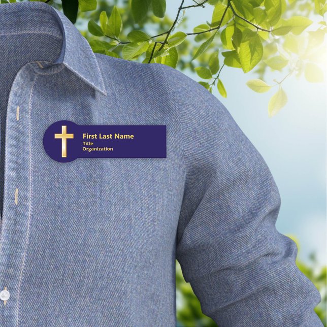 Porte-nom Balise de nom chrétien Gold Cross (Gold Cross Christian Name Tag. Personalize with text, perfect for events, meetings & presentations.)