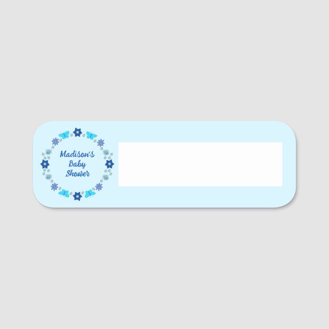 Porte-nom Bébé bleu Papillons et Baby shower de fleurs (Devant)