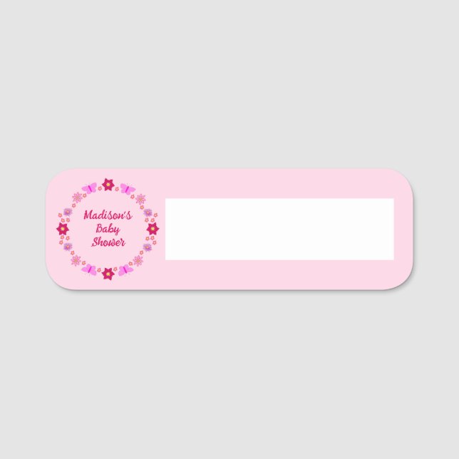 Porte-nom Bébé rose Baby shower papillons et fleurs (Devant)