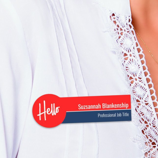 Porte-nom Blanc rouge et bleu Hello Personnalisé (Hello on red and blue name tag)