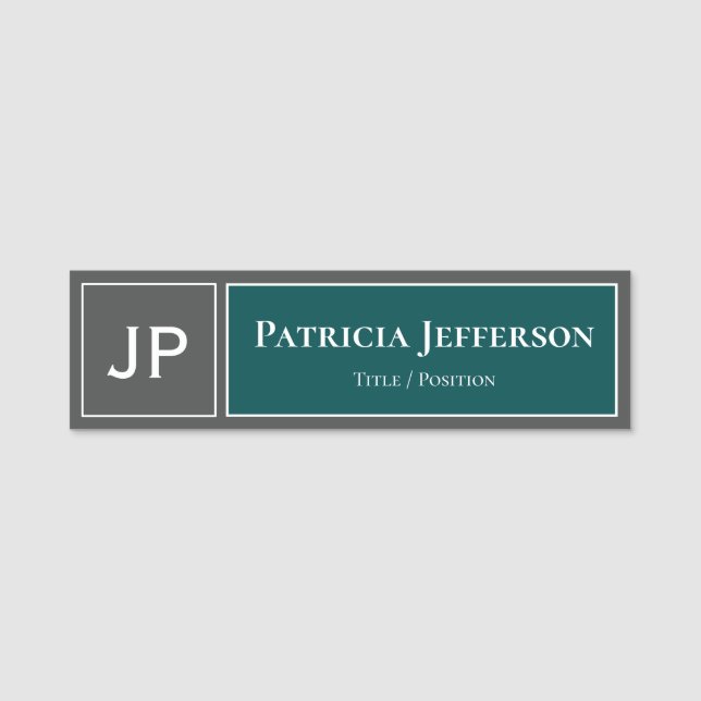Porte-nom Bleu foncé Vert Turquoise & gris : Monogramme prof (Devant)