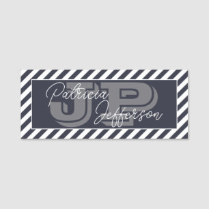 Porte-nom Bleu minuit Monogramme rayé blanc