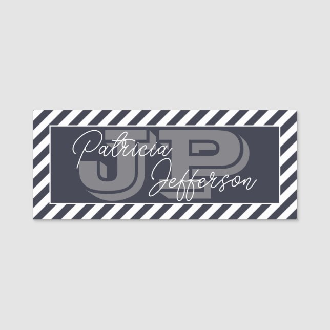 Porte-nom Bleu minuit Monogramme rayé blanc (Devant)
