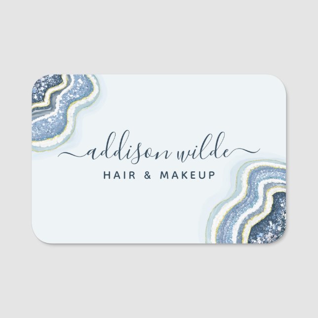 Porte-nom Bleu Parties scintillant Agate Geode Luxe Chic Nom (Devant)