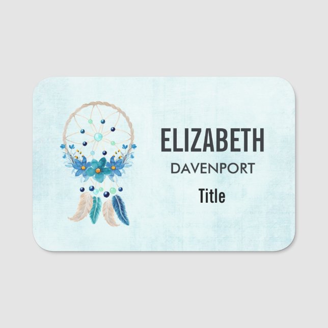 Porte-nom Blue Dreamcatcher Design Boho élégant (Devant)