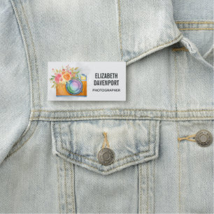 Porte-nom Boho Orange Caméra & Bouquet Floral Aquarelle